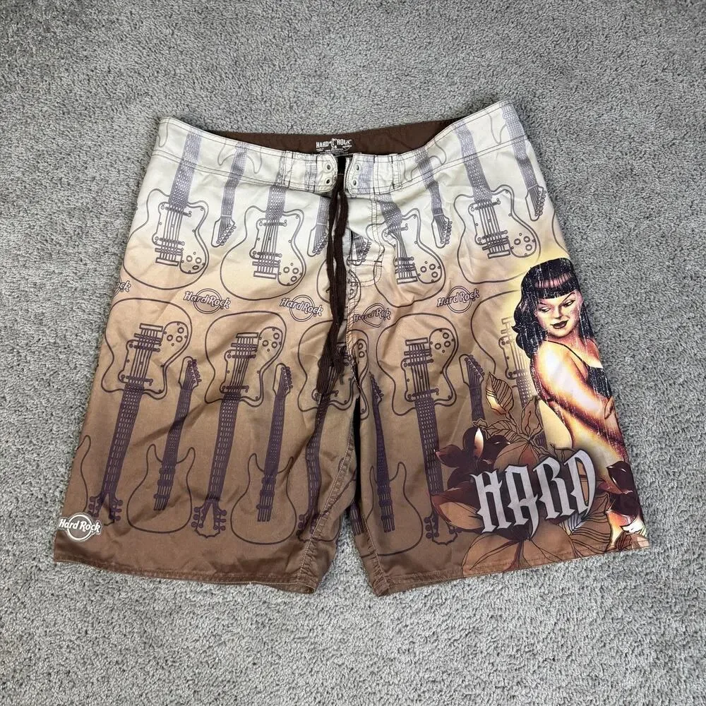 Hard Rock Board Shorts Mens 38 Brown Floral Bathing Suit Drawstring Pockets